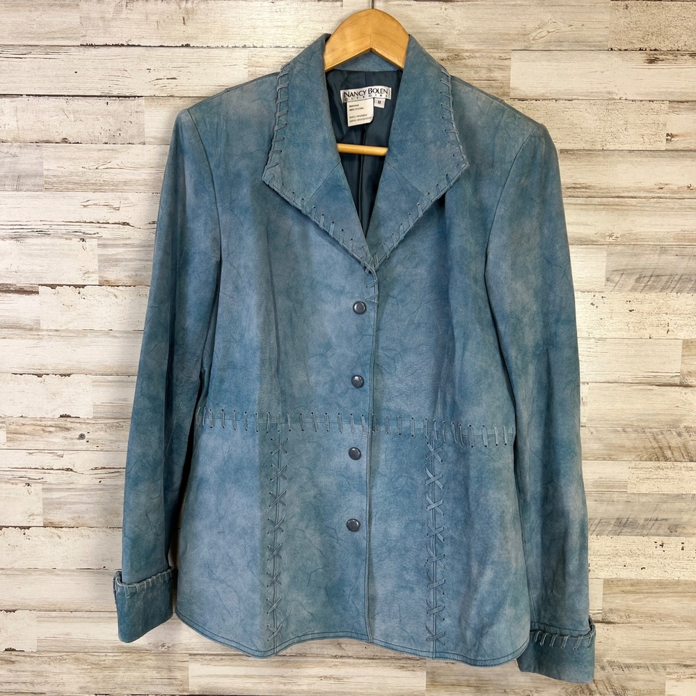 Nancy Bolen City Girl Blue Suede M Whipstitch Leather Blazer Jacket Women Beth D
